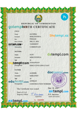 editable template, Uzbekistan birth certificate PSD template, completely editable