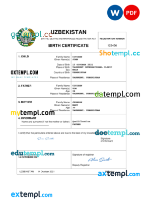 editable template, Uzbekistan vital record birth certificate Word and PDF template, completely editable
