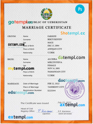 editable template, Uzbekistan marriage certificate PSD template, completely editable