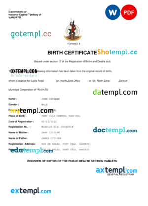 editable template, Vanuatu birth certificate Word and PDF template, completely editable