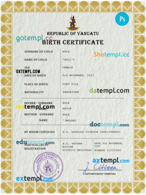editable template, Vanuatu vital record birth certificate PSD template, fully editable