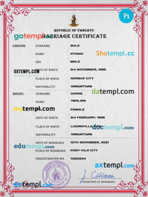 editable template, Vanuatu marriage certificate PSD template, fully editable
