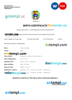 editable template, Venezuela vital record birth certificate Word and PDF template, completely editable