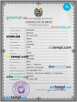 editable template, Venezuela vital record birth certificate PSD template