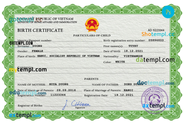 editable template, Vietnam birth certificate PSD template, completely editable