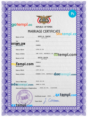 editable template, Yemen marriage certificate PSD template, completely editable