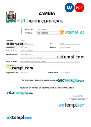 editable template, Zambia birth certificate Word and PDF template, completely editable