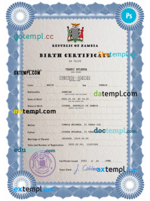 editable template, Zambia vital record birth certificate PSD template
