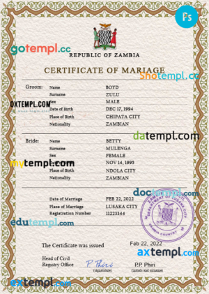 editable template, Zambia marriage certificate PSD template, fully editable