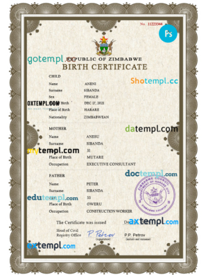editable template, Zimbabwe vital record birth certificate PSD template