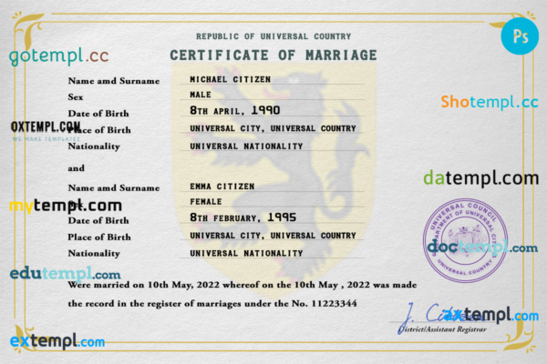 editable template, # fine universal marriage certificate PSD template, fully editable