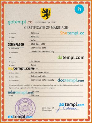 editable template, # grace universal marriage certificate PSD template, fully editable