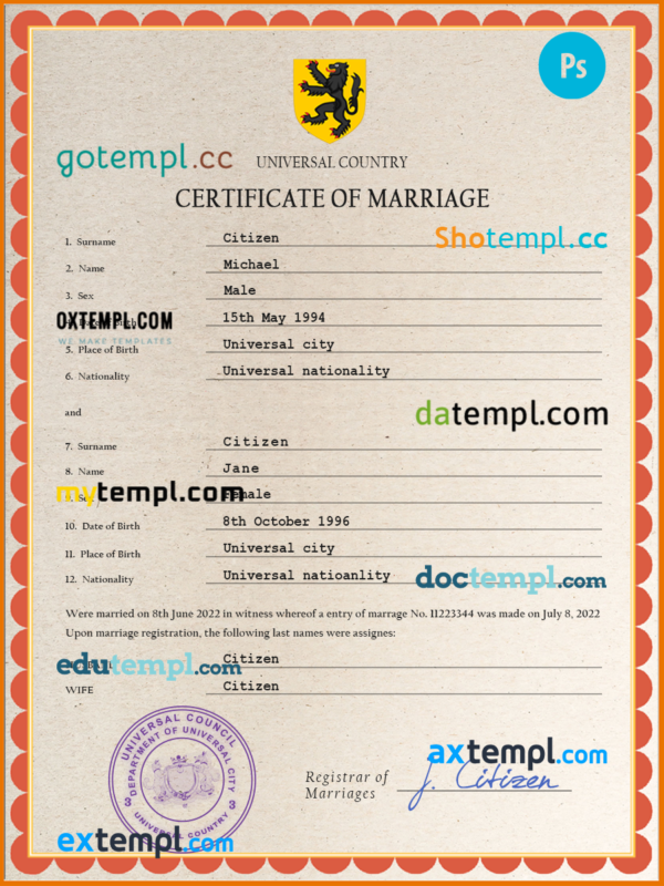 editable template, # grace universal marriage certificate PSD template, fully editable
