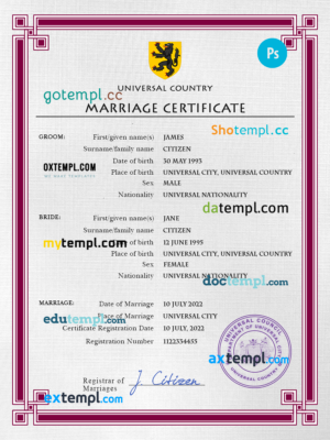 editable template, # registration universal marriage certificate PSD template, completely editable