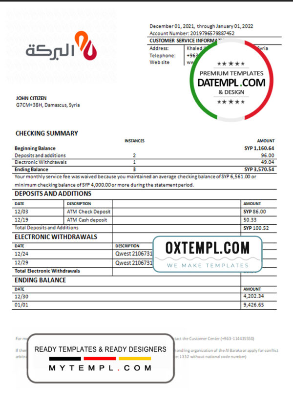 editable template, Syria Al Baraka bank statement template in Word and PDF format