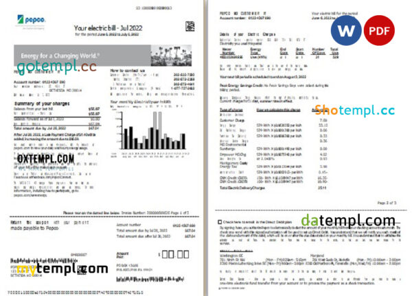 editable template, USA Maryland Pepco utility bill, Word and PDF template, 3 pages