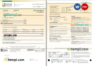 editable template, USA Southern California EDISON utility bill, Word and PDF template, 8 pages