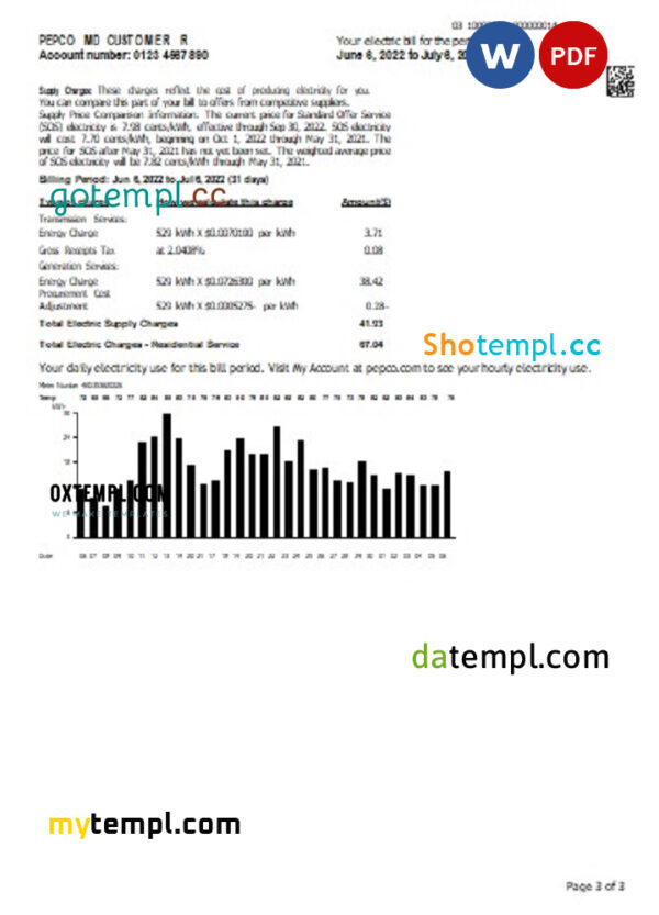 editable template, USA Maryland Pepco utility bill, Word and PDF template, 3 pages