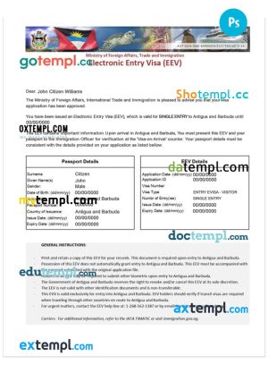 editable template, ANTIGUA AND BARBUDA Electronic Entry Visa PSD template, completely editable, with fonts