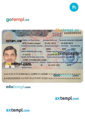 editable template, AZERBAIJAN Visa PSD template, with fonts
