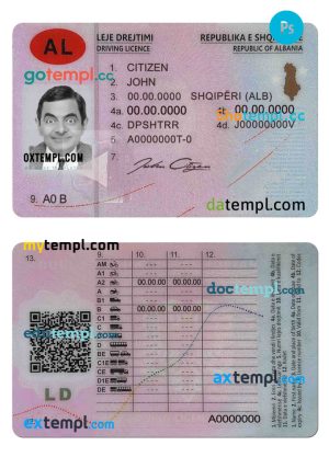 editable template, Albania driving license template in PSD format, with all fonts, version 2