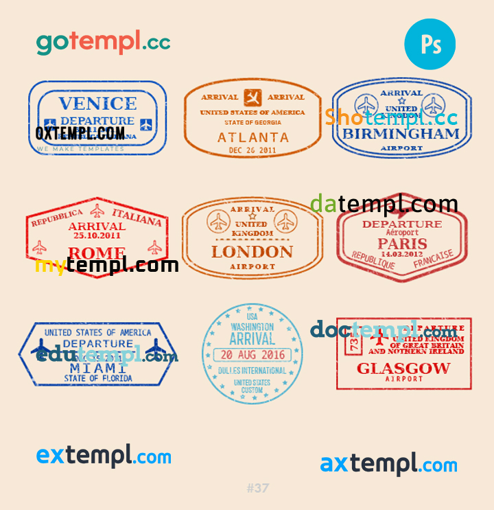 FREE editable template, Atlanta London Glasgow travel stamp collection template of 9 PSD designs, with fonts