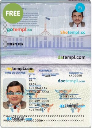 FREE editable template, Australian passport (convention travel document) template in PSD format, fully editable, with all fonts