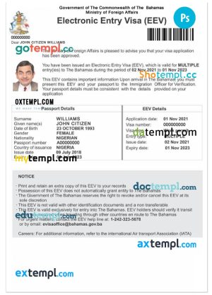 editable template, BAHAMAS Electronic Entry Visa (EEV) PSD template, with fonts