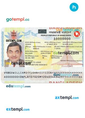 editable template, BANGLADESH visa PSD template, completely editable, with fonts