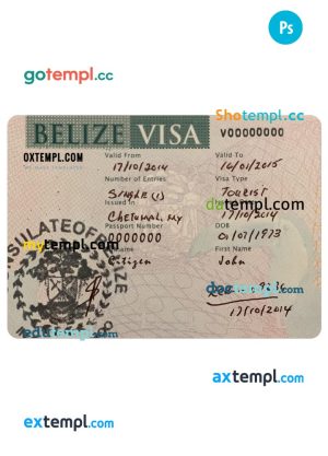 editable template, BELIZE visa PSD template, with fonts