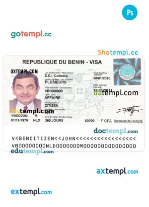 editable template, BENIN visa PSD template, with fonts