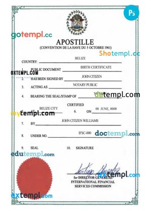 editable template, Belize birth certificate, Apostille PSD template, completely editable, version 2