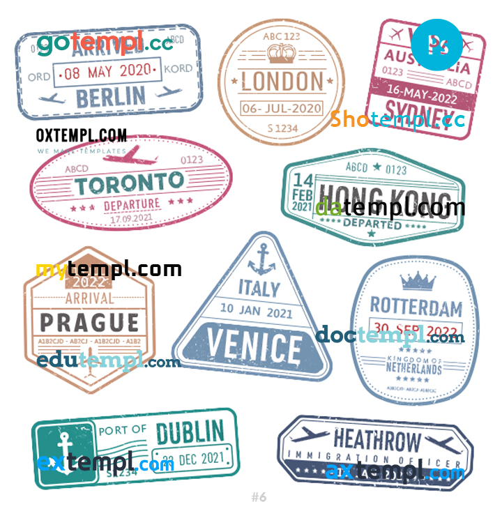 FREE editable template, Berlin Dublin Heathrow travel stamp collection template of 10 PSD designs, with fonts