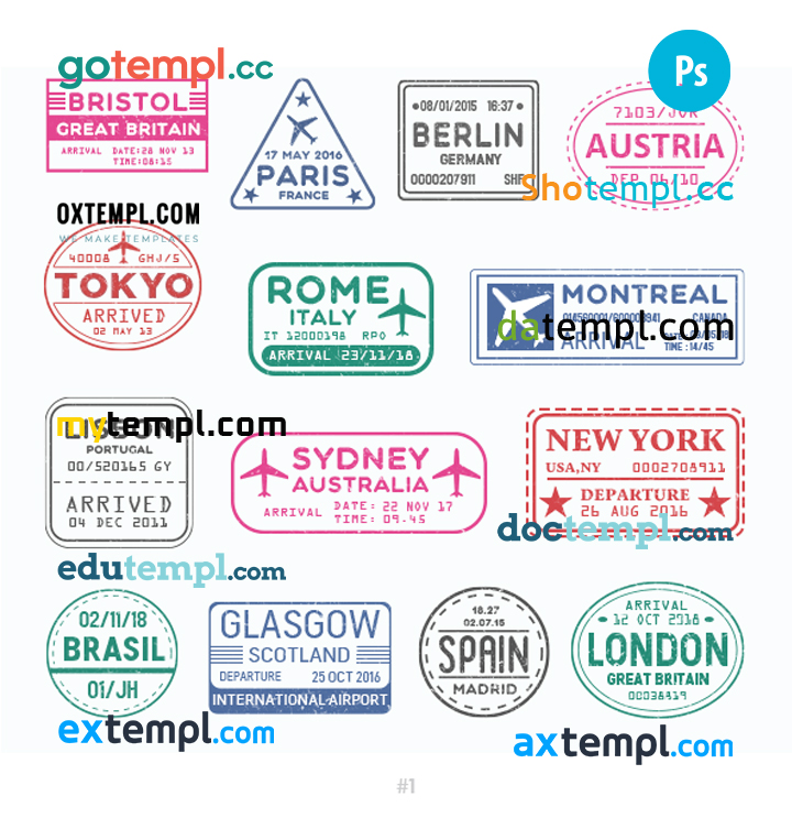 FREE editable template, Bristol Paris Berlin travel stamp collection template of 14 PSD designs, with fonts