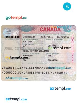 editable template, Canada entrance visa PSD template, with fonts
