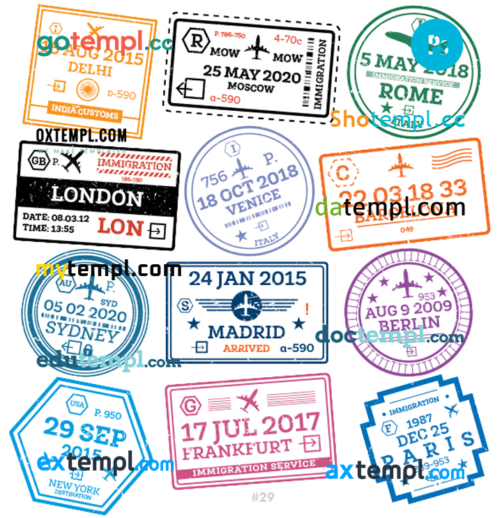 FREE editable template, Delhi Moscow Berlin travel stamp collection template of 12 PSD designs, with fonts