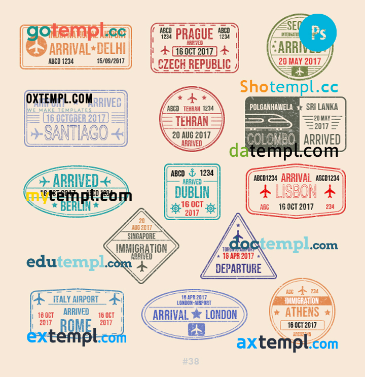 FREE editable template, Delhi Tehran Dublin travel stamp collection template of 14 PSD designs, with fonts