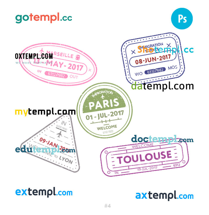 FREE editable template, France travel stamp collection template of 5 PSD designs, with fonts