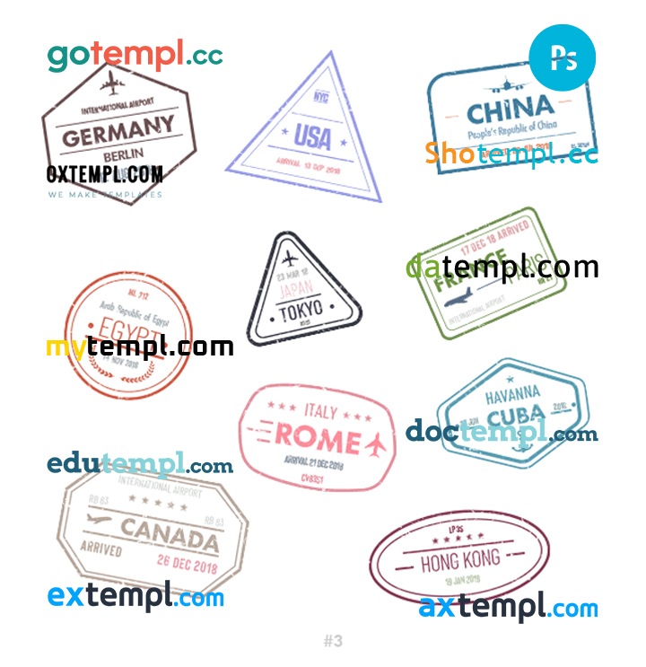FREE editable template, Germany USA China travel stamp collection template of 10 PSD designs, with fonts