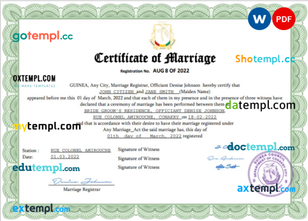 editable template, Guinea marriage certificate Word and PDF template, fully editable