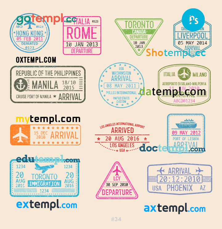 FREE editable template, Hong-Kong Rome Toronto travel stamp collection template of 13 PSD designs, with fonts