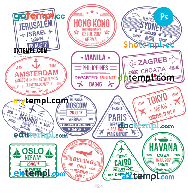 FREE editable template, Israel Australia Cuba travel stamp collection template of 14 PSD designs, with fonts