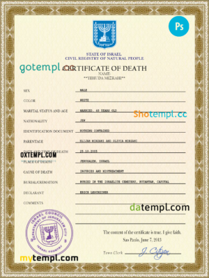 editable template, Israel death certificate PSD template, completely editable