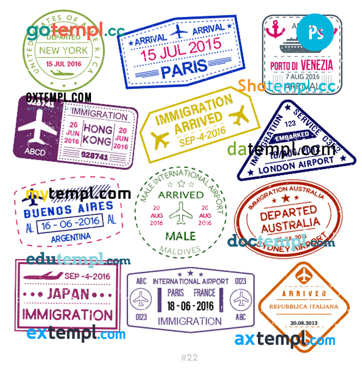 FREE editable template, Italy Argentina Japan travel stamp collection template of 12 PSD designs, with fonts