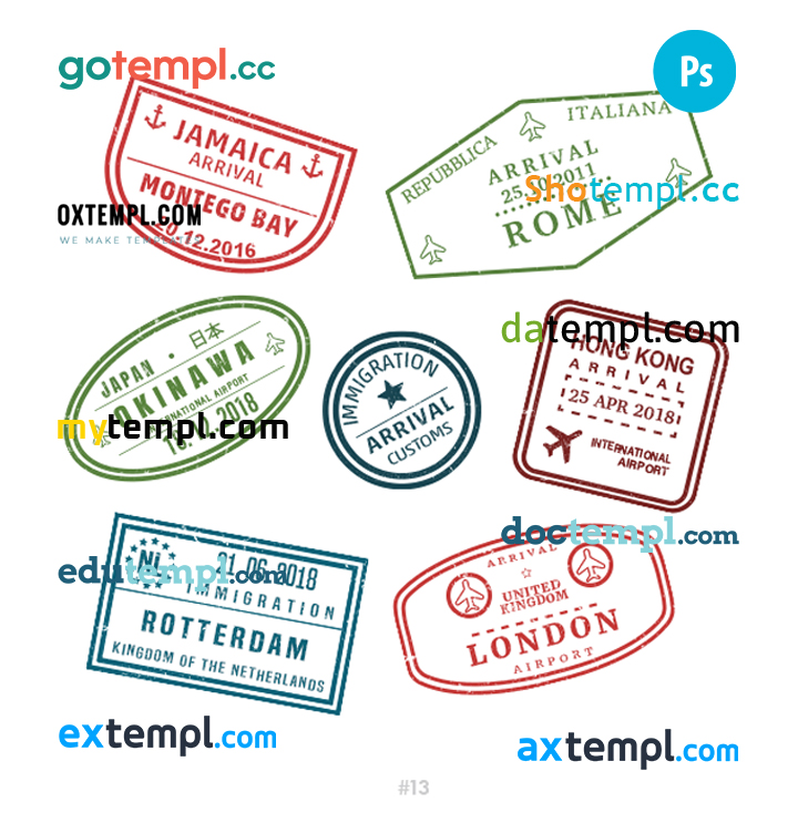 FREE editable template, Jamaica Italy Japan travel stamp collection template of 7 PSD designs, with fonts