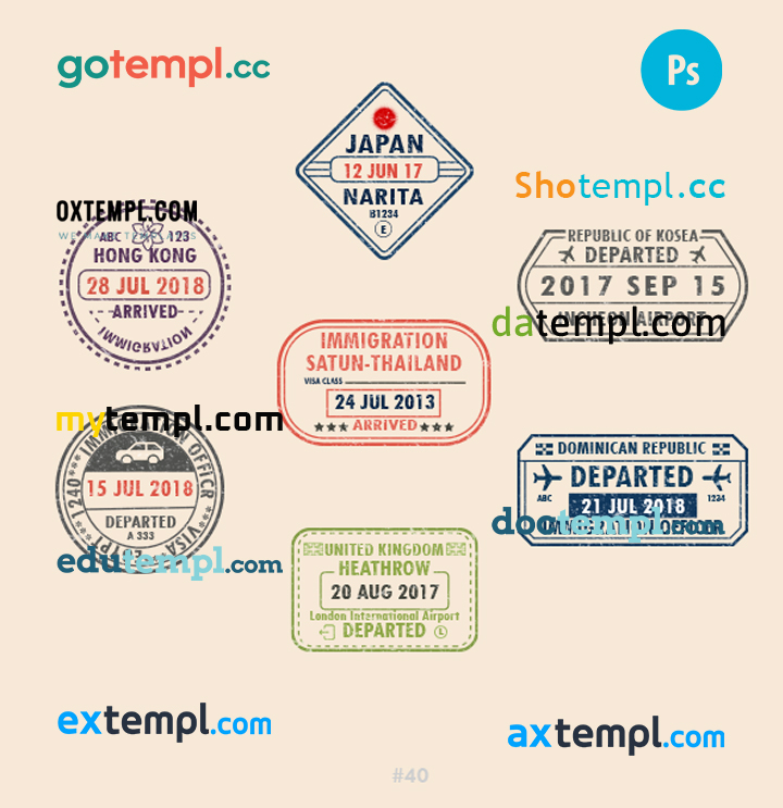 FREE editable template, Japan Hong-Kong UK travel stamp collection template of 7 PSD designs, with fonts