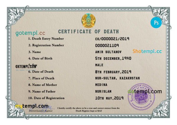 editable template, Kazakhstan death certificate PSD template, completely editable