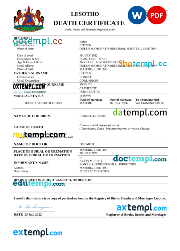 editable template, Lesotho vital record death certificate Word and PDF template
