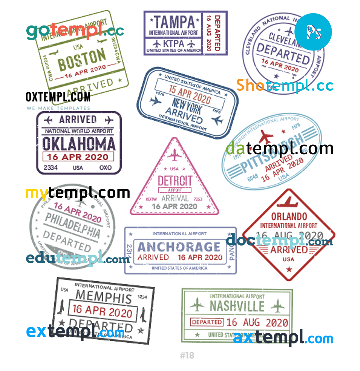 FREE editable template, Massachusetts Florida Oklahoma travel stamp collection template of 12 PSD designs, with fonts