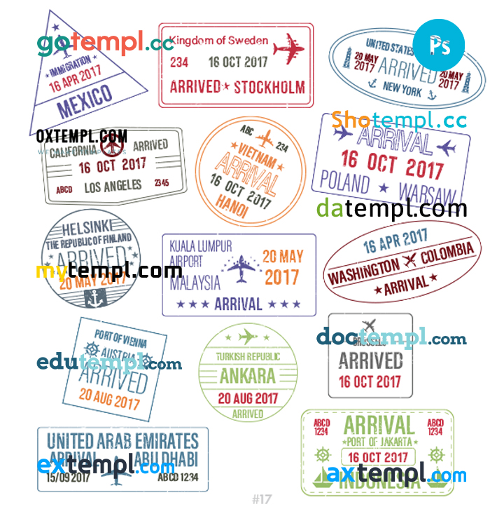 FREE editable template, Mexico Sweden Indonesia travel stamp collection template of 14 PSD designs, with fonts